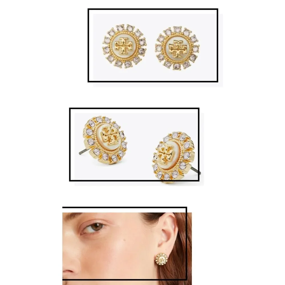 TORY BURCH Moondance Crystal Mother of Pearl Stud Earrings